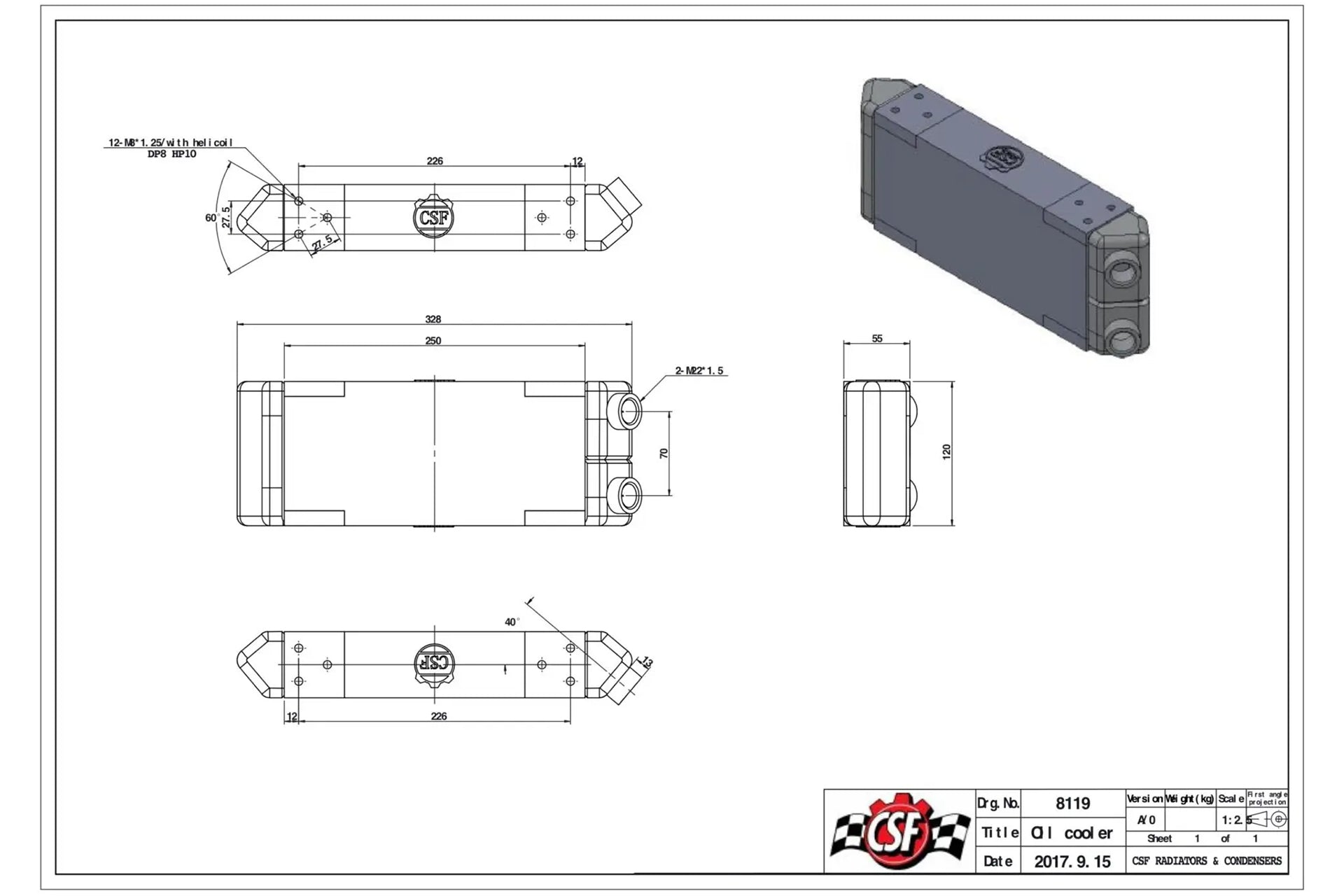 CSF Universal Dual-Pass Oil Cooler - M22 x 1.5 connections - 13L x 4.75H x 2.16W