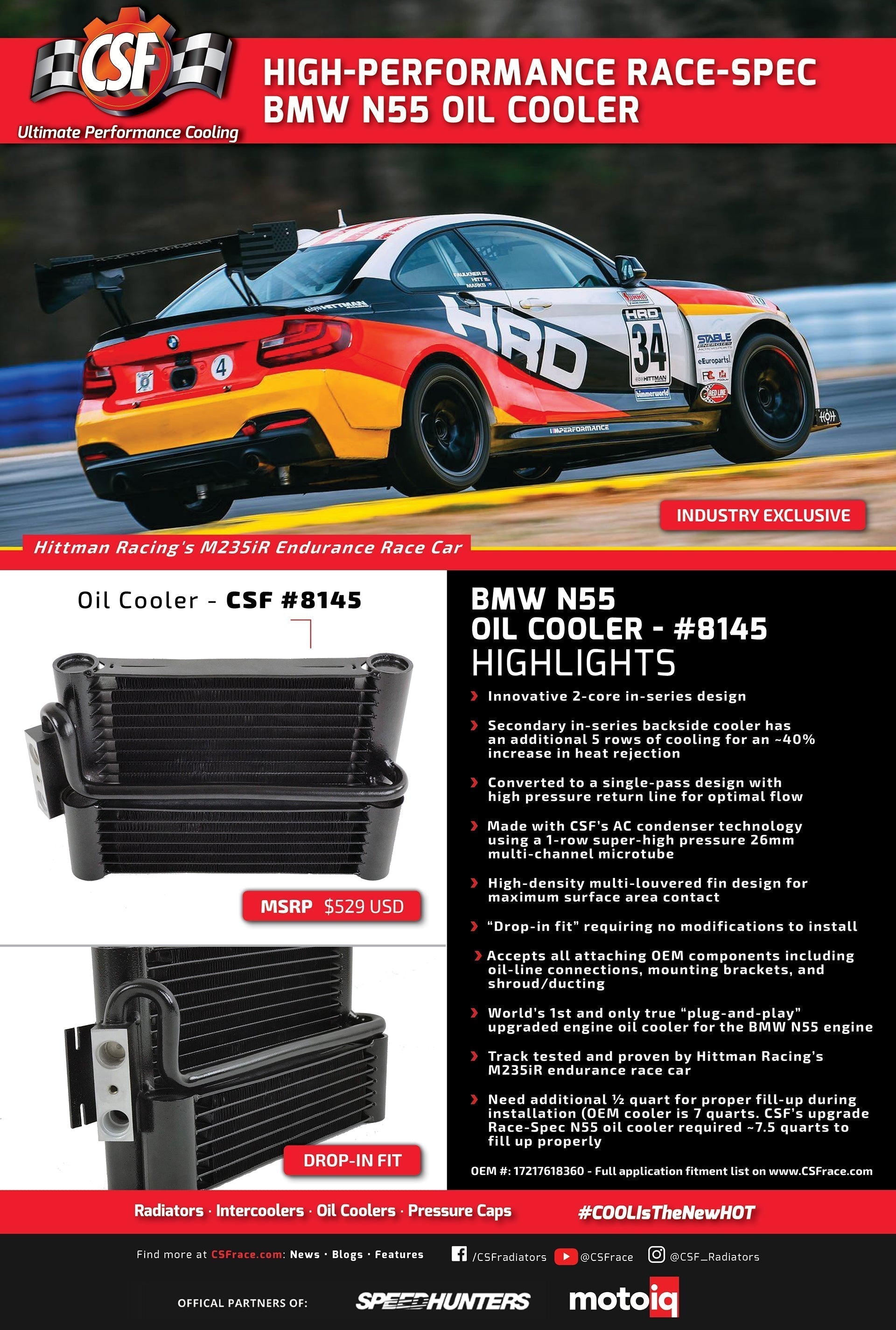 CSF BMW F3X / F2X (N55) Race-Spec Oil Cooler