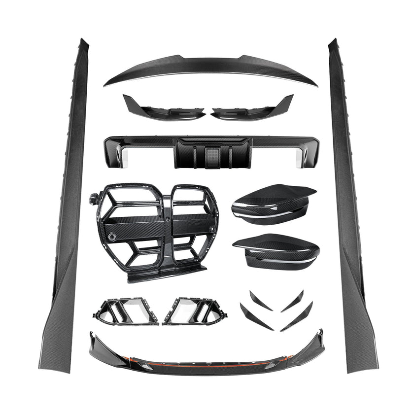Collection of car body kits on a white background