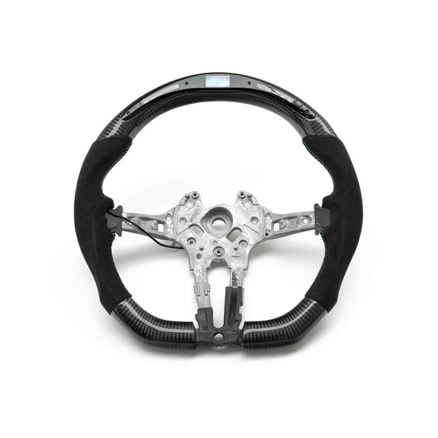 SHFT BMW F Series Flat Bottom Steering Wheel In Gloss Carbon Fibre & Alcantara With LED Race Display