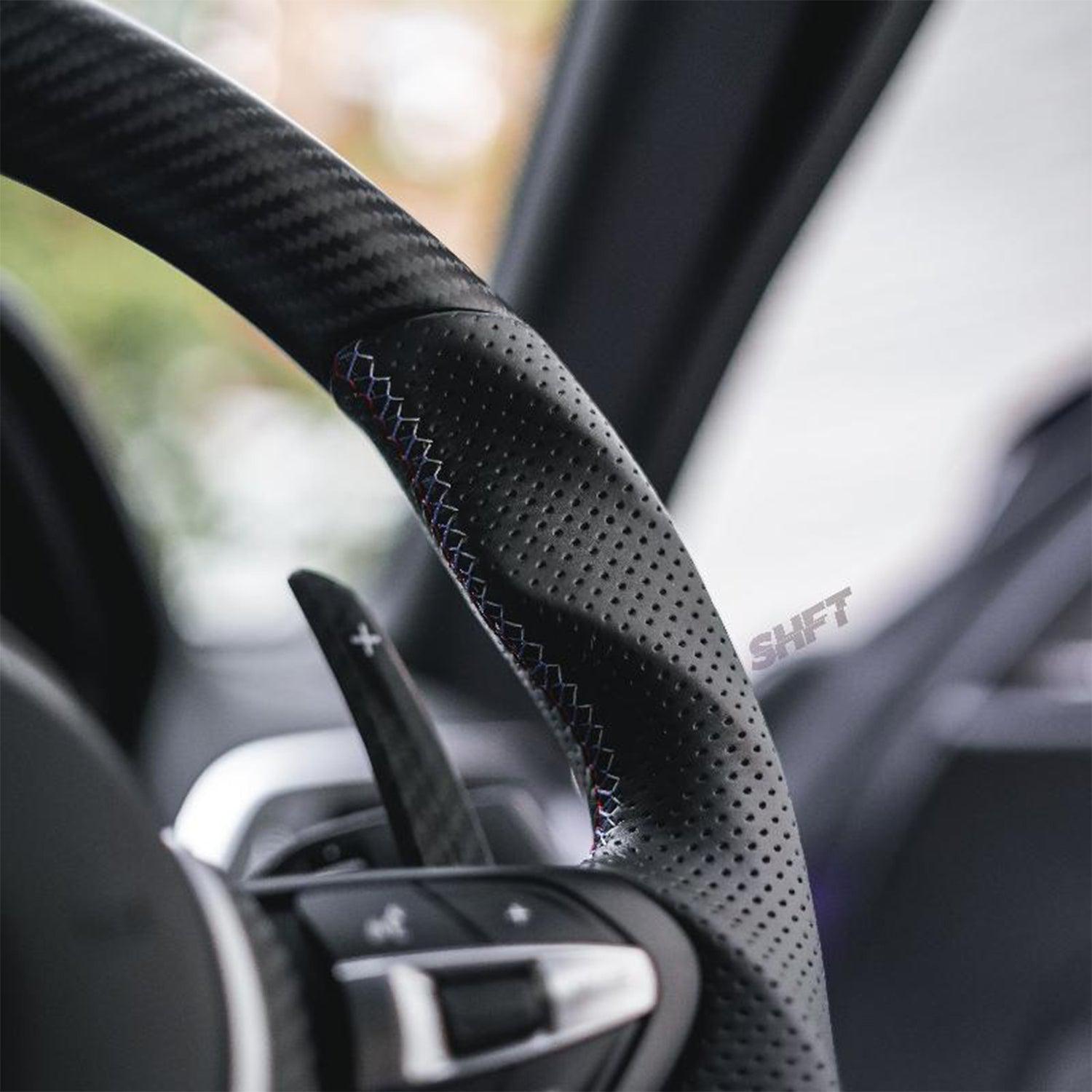 SHFT BMW F Series Flat Bottom Steering Wheel In Matte Carbon & Perforated Leather