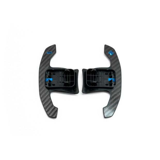 SHFT BMW G8X Style Automatic Paddle Shifters With Blue Details In Gloss Carbon Fibre (F Series & G Series)