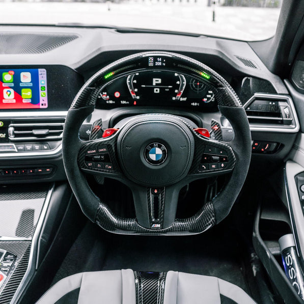SHFT BMW G8X Flat Bottom Steering Wheel In Gloss Carbon Fibre & Alcantara With LED Display (G80 M3, G82 M4 & G87 M2)