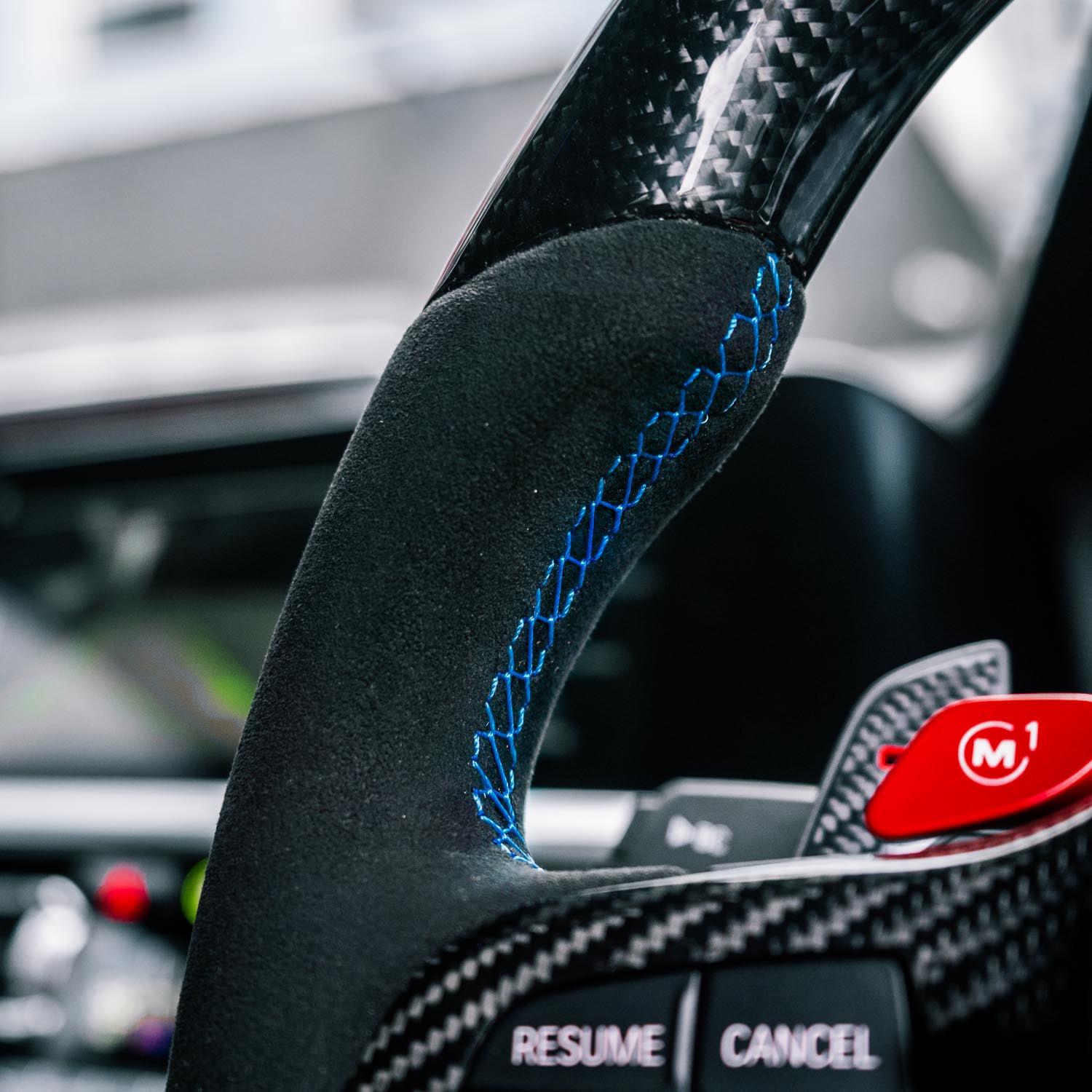 SHFT BMW G8X Flat Bottom Steering Wheel In Gloss Carbon Fibre & Alcantara With LED Display (G80 M3, G82 M4 & G87 M2)