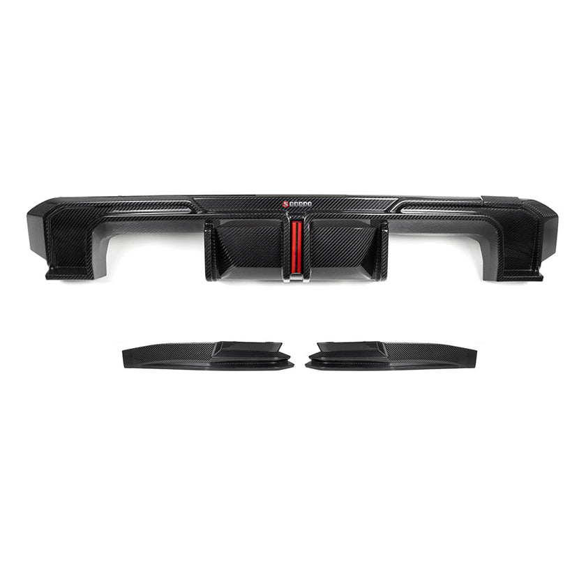 SooQoo BMW G80 & G81 M3 Rear Diffuser With Brake Light + Rear Splitters In Gloss Carbon Fibre